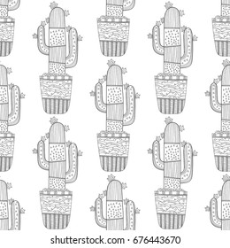 Black and white seamless pattern of ornamental cacti and succulents for coloring books, pages