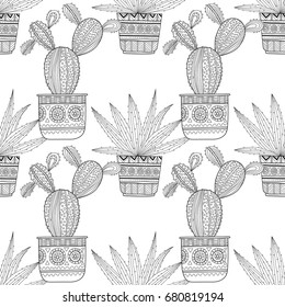 Black and white seamless pattern of ornamental cacti and succulents for coloring books, pages