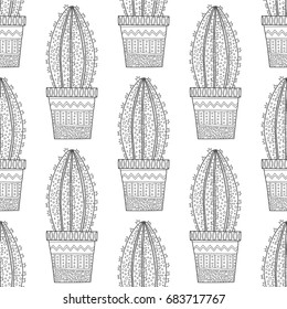 Black and white seamless pattern of ornamental cacti and succulents for coloring books, pages