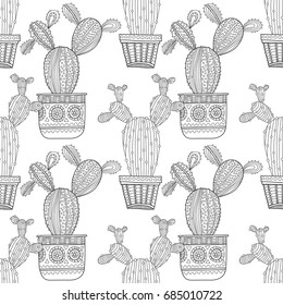 Black and white seamless pattern of ornamental cacti and succulents for coloring books, pages