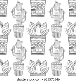 Black and white seamless pattern of ornamental cacti and succulents for coloring books, pages