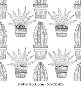 Black and white seamless pattern of ornamental cacti and succulents for coloring books, pages