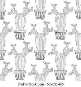 Black and white seamless pattern of ornamental cacti and succulents for coloring books, pages