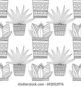 Black and white seamless pattern of ornamental cacti and succulents for coloring books, pages