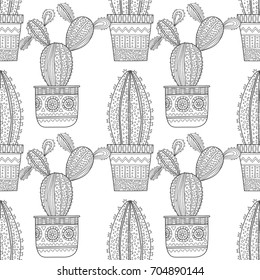 Black and white seamless pattern of ornamental cacti and succulents for coloring books, pages