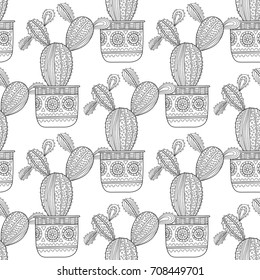 Black and white seamless pattern of ornamental cacti and succulents for coloring books, pages