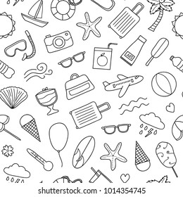 Black and white seamless pattern with outline doodle summer and vacation items.