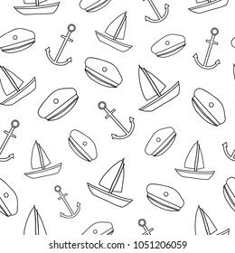 Black and white seamless pattern with outline doodle sea items.
