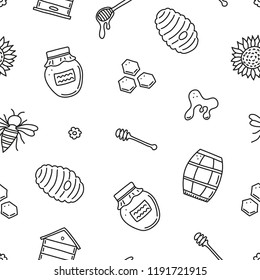 Black and white seamless pattern with outline honey doodles.