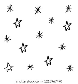 Black and white seamless pattern with outline stars, snowflakes. Decorative wallpaper, good for printing. Hand drawn overlapping background, texture with decor elements, lines and shapes.