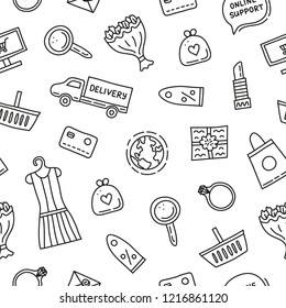 Black and white seamless pattern with outline e-commerce shopping doodles.