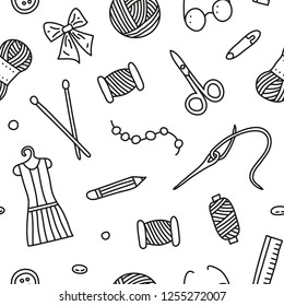 Black and white seamless pattern with outline hand made doodles.
