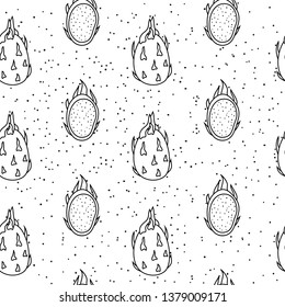 Black and white seamless pattern with outline doodle dragon fruits or pitaya.
