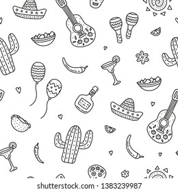 Black and white seamless pattern with outline doodle Cinco de mayo icons.