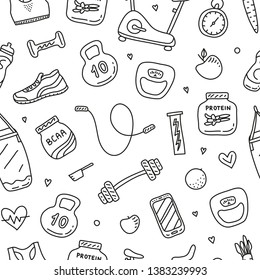 Black And White Seamless Pattern With Outline Doodle Gym And Fitness Icons.