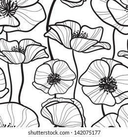 Black and white Seamless pattern with outline sketchy poppy. Monochrome Floral background wallpaper. Flower ornament good for web, print and wrapping paper.