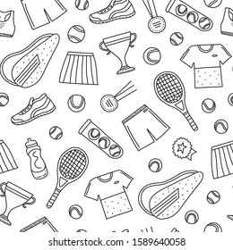 Black and white seamless pattern with outline doodle big tennis and sport items, equipment, clothes.