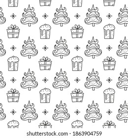 Black and white seamless pattern with outline doodle Christmas and New Year icons including fir tree, present boxes, panettone cakes, snowflakes.