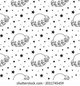 Black and white seamless pattern with outline leafy planets, stars. Celestial background. Perfect for childrens clothing, fabrics, wrapping paper, etc.