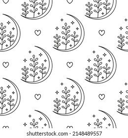 Black and white seamless pattern with outline crescent moon, leafy branches, stars, hearts.