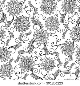 Black and white seamless pattern with outline herbal elements, hand drown vector artwork