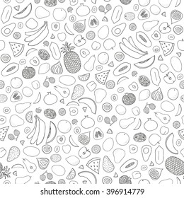 Black and white seamless pattern with outline fruits.