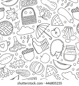 Black and white seamless pattern with outline autumn items.