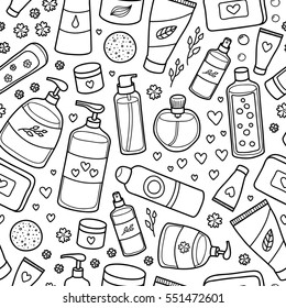 Black and white seamless pattern with outline hand drawn beauty products.