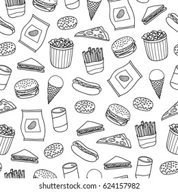 Black and white seamless pattern with outline hand drawn fast food meals.