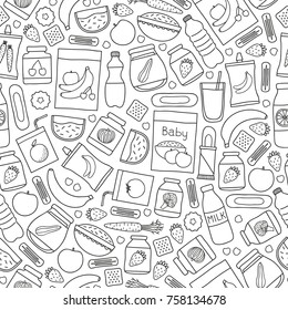 Black and white seamless pattern with outline doodle baby foods.