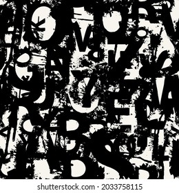 Black and white seamless pattern with paint stains and splashes in form of letters. Abstract vector background with latin letters. Design for fashion print, wallpaper, wrapping paper or fabric