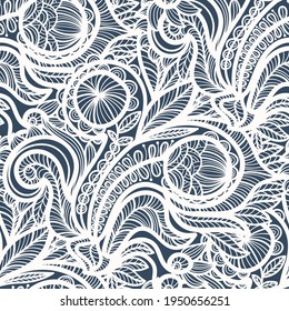 Black and white seamless pattern with Paisley print in a retro style. Vector illustration