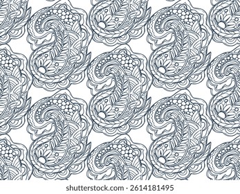 Black and white seamless pattern with Paisley print in a retro style. Vector illustration