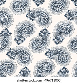 Black and white seamless pattern with Paisley print in a retro style. Vector illustration