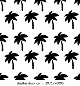 Black and white seamless pattern with palm tree silhouette. Vector illustration.