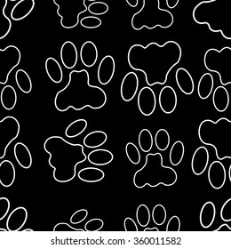 Black and white seamless pattern with paw prints. Abstract background, animal footprint, vector illustration.