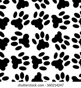 Black and white seamless pattern with paw prints. Abstract background, animal footprint, vector illustration.