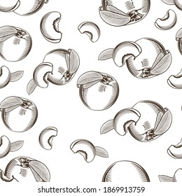 Black and white seamless pattern with peaches in vintage style