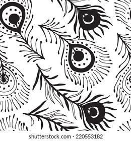 Black and white seamless pattern with peacock feathers. Good idea for textile, wrapping, wallpaper or cloth design.
