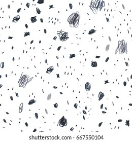 Black and white seamless pattern with pencil drawn doodles