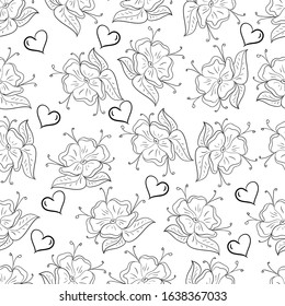 Black and white seamless pattern with peonies and hearts. Suitable for fabric, background, greetings, wrapping paper, bags, knitwear, clothing.