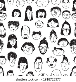 Black and white seamless pattern with peoples faces. Sketch. Hand-drawn graphics. Line art. Different men and women. Cartoon characters. Vector illustration