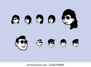 Black and white seamless pattern with peoples faces. Sketch. Hand-drawn graphics. Line art. Different men and women. Cartoon characters. Doodle art Vector illustration