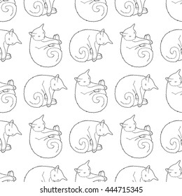 Black and white seamless pattern with pets. Childish coloring page with cat. Monochrome template for wrapping or scrapbook paper. Vector illustration.