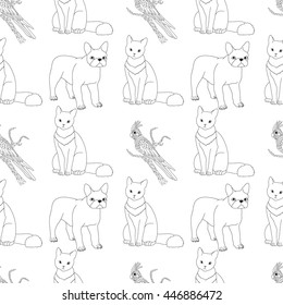 Black and white seamless pattern with pets. Childish coloring page with cat, bulldog and corella parrot. Monochrome tile texture for wrapping or scrapbook paper. Vector illustration.