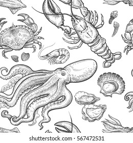 Black and white seamless pattern with pictures of hand drawings. Marine animals and shellfish. Vector illustration with seafood for paper, fabric, kitchen and restaurant design. Vintage engraving art.