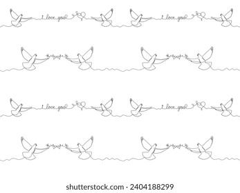 Black and white seamless pattern with pigeons with a heart in their mouth, love, continuous one line art hand drawing sketch