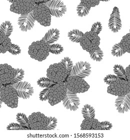 Black and white seamless pattern with pine cones on fluffy branch.