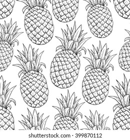Black and White Seamless Pattern of Pineapple Illustration With Line Art Style