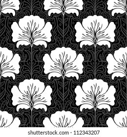 Black and white seamless pattern with pink flowers on blue background. Art nouveau style.